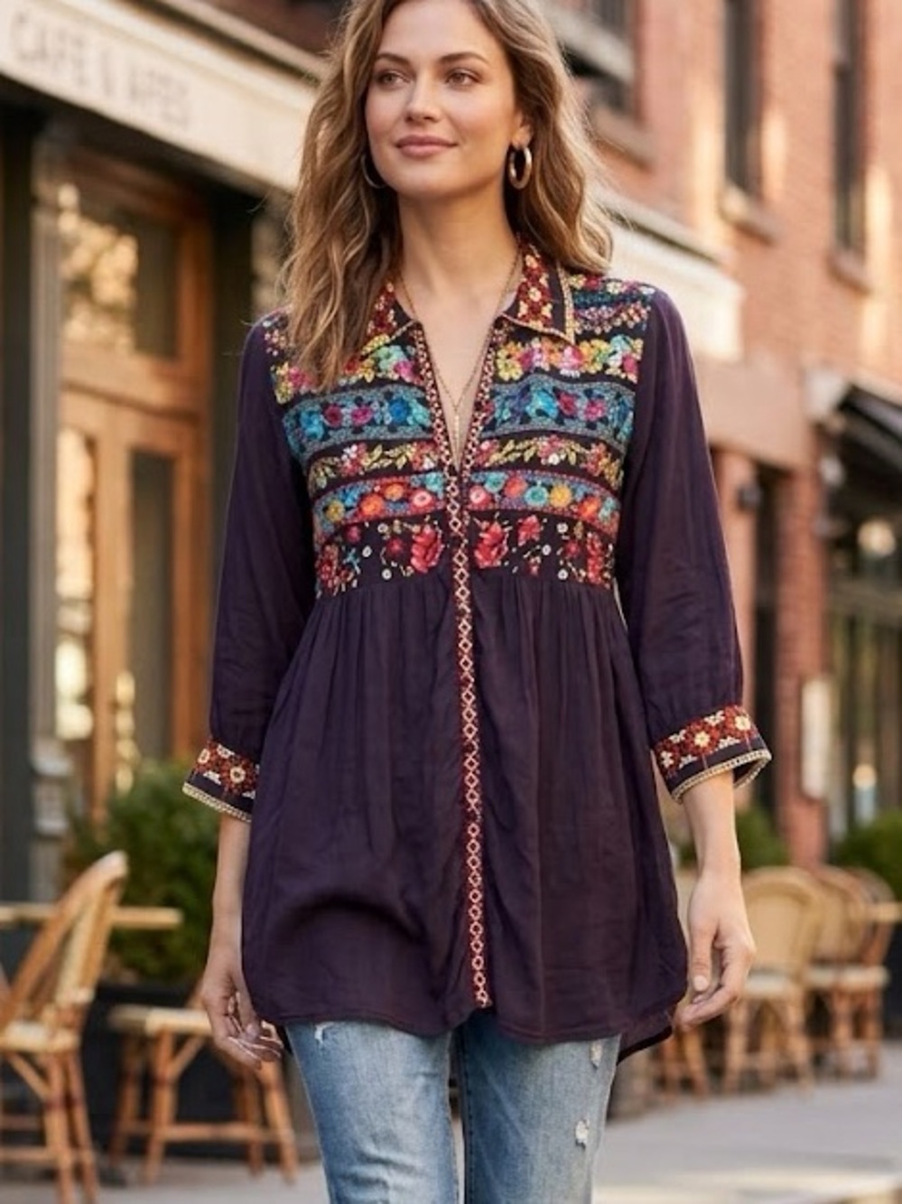 Johnny Was Embroidered Floral Geometric Boho Tunic Blouse Top Purple Cupra M